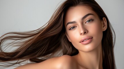 Obraz premium Image of model posing her perfect hairs for a hair product ad plain neutral background raw DSLR photo natural daylight lifelike sharp details unedited realism