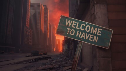 Post-Apocalyptic Cityscape with "Welcome to Haven" Sign