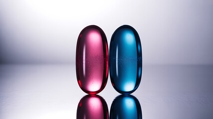 Red and Blue Pills Reflecting on a Surface