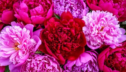 Close-up of vibrant peony flowers in shades of pink, red, and lavender