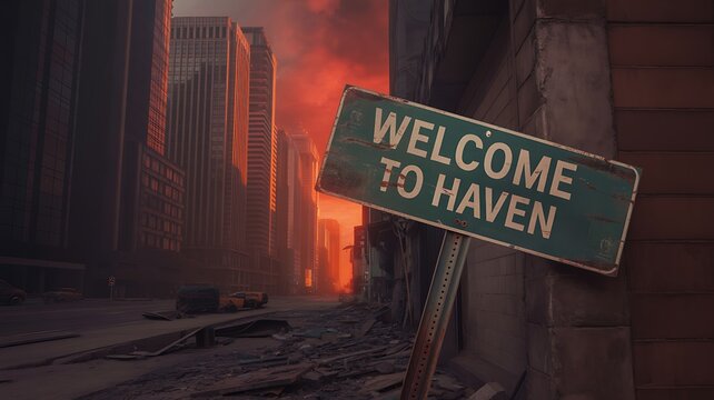Post-Apocalyptic Cityscape with "Welcome to Haven" Sign - Powered by Adobe