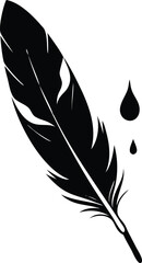 Obraz premium Black silhouette of a quill pen with ink drops on a white background