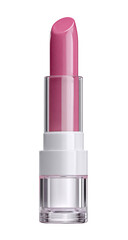 A vibrant pink lipstick in a clear, white-rimmed tube