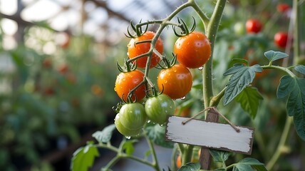 Ripe and Green Tomatoes on Vine with Blank Sign
