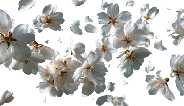 Delicate white flowers and petals in mid-air.  Soft focus,  isolated against black background.  Suggests springtime, nature