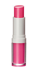 Pink lip balm in a tube with white caps.  Glossy, vibrant pink product.  Compact, cylindrical container