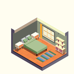 A detailed vector illustration of an isometric bedroom scene. This modern and versatile graphic is cleanly isolated on a transparent background, perfect for app design, infographics, or web projects.