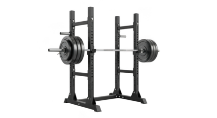 Heavy duty barbell squat rack with weight plates and barbell for intense strength training workouts