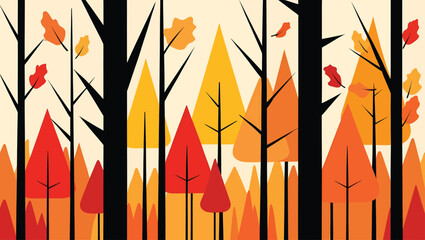 Stylized autumn forest with falling leaves and colorful trees