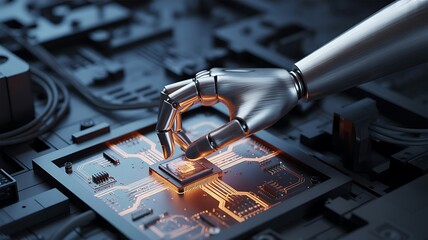 Robotic Hand Assembling a Microchip on a Circuit Board