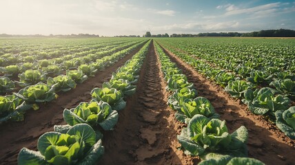 Rows of Fresh Cabbage Under a Sunny Sky