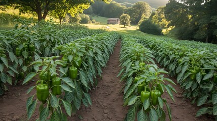 Rows of Green Bell Peppers on a Farm