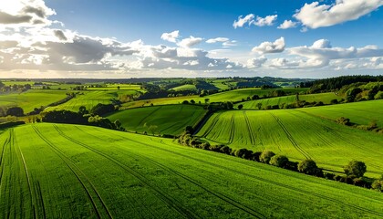 A panoramic view of rolling hills and fields