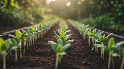 Rows of Young Plants in Morning Sunlight