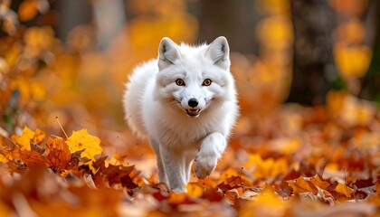 White fox in autumn leaves