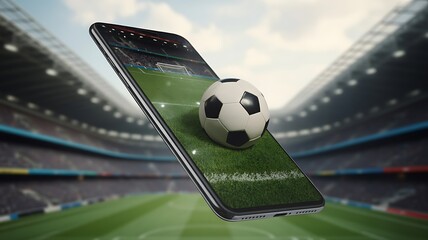 Smartphone displaying a soccer game in a stadium