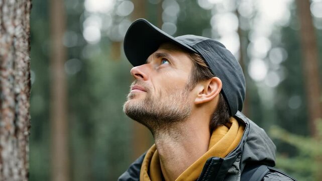 Nature enthusiast exploring forest: closeups of curious observer in tranquil woodland