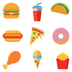 Flat vector illustration of assorted fast food icons including burger, pizza, hot dog, donut, taco, fries, chicken, ice cream, and soda
