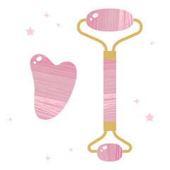 Gua sha pink Roller Face Message Tools Set Symbol Cartoon Illustration