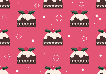 Traditional Christmas Pudding seamless pattern. Christmas sweet dessert. Traditional xmas dinner cake