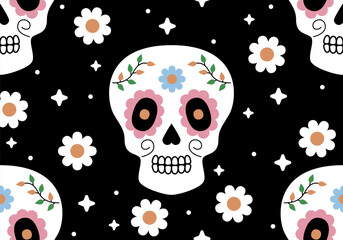 Seamless pattern with Mexican skull and flower. Calavera skulls, Sugar skulls for Mexican Day of the Dead, Day of the dead illustration with traditional Mexican skulls decoration