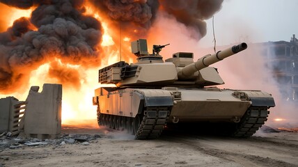 Tank in a Fiery Battlefield Aftermath