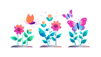 Colorful butterfly garden illustration featuring flowers and butterflies in a vibrant watercolor style design