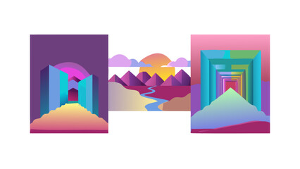 Abstract landscape art scenic view colorful design with mountains and river sunset illustration scene nature art