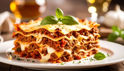 Tall layered lasagna with meat sauce and cheese, garnished with basil on white plate