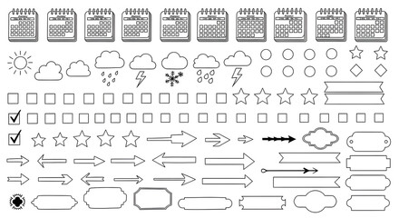 Hand drawn collection of planner accessories: mini calendars, weather icons, checkboxes, arrows, banners and labels. Simple and functional line art for bullet journaling