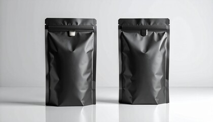 A pair of sleek, matte black stand-up pouches with zippers, presented as a blank template for modern product packaging and branding design