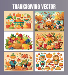 Whimsical thanksgiving collection featuring cute animals harvest fruits and autumn delights