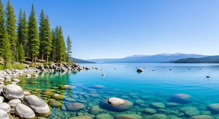 Crystal clear turquoise water of a lake with rocky shore and pine trees