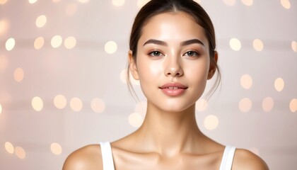Portrait of a young woman against a bokeh lights background, close-up and centered