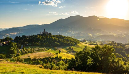 Rolling hills and sun-kissed mountains in a serene, golden countryside vista