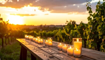 Candles on a table at sunset, vineyard backdrop