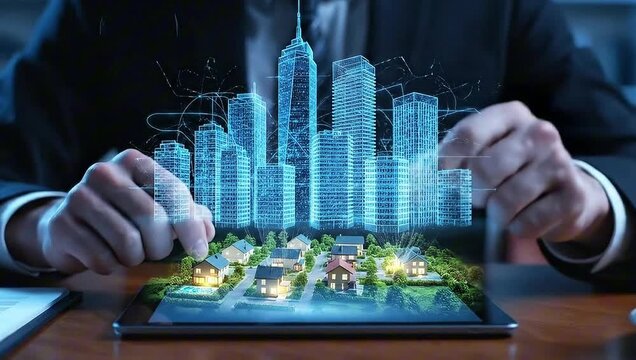 Conceptualizing the future of real estate and property development, A man uses a tablet to visualise a blueprint. The man is wearing a dark suit, representing a sense of business and professionalism