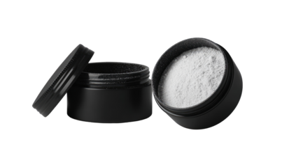 Two black airtight containers holding a white powder