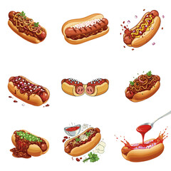 Colorful variety of hot dogs with toppings on white background  