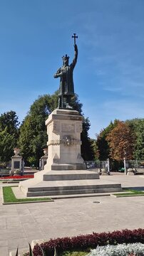 Chisinau, Moldova - September 24, 2025 the Monument to Stephen the Great (Stefan cel Mare), a large bronze statue of the national hero and symbol stands on pedestal at the entrance in the city park
