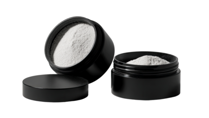 Two black jars, open, filled with light gray powder
