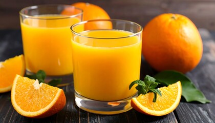Fresh orange juice fills two glasses, sliced oranges scattered on dark wood surface