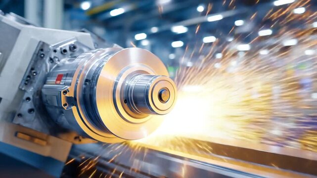 High-speed metal lathe spindle and workpiece in a precision machining setting, showcasing polished steel reflecting ambient lights.
