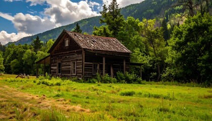 Obraz premium Rustic Abandoned Log Cabin in Mountain Meadow