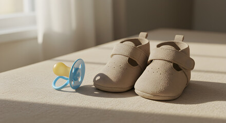 A pair of soft beige baby shoes and a blue pacifier rest on a surface in the warm morning sunlight.