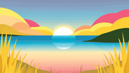 Fototapeta premium Vibrant abstract landscape with sun setting over a calm lake and colorful hills
