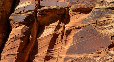 Striking Red Sandstone Cliff Face with Dramatic Layers and Textures, Showcasing the Timeless Beauty and Geological History of Erosion and Sedimentation

