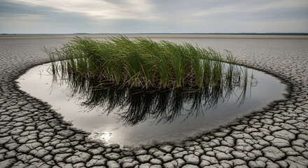 Resilient Grass Thrives in Isolated Water Pool Amidst Parched, Cracked Earth—A Powerful Symbol of Survival and Hope in Harsh, Drought-Stricken Landscapes


