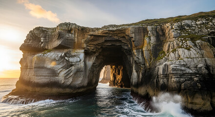 Majestic Sea Arch Carved by Ocean Waves at Sunset, Illuminated by Golden Light and Surrounded by Rugged Cliffs, Showcasing the Power and Beauty of Coastal Erosion

