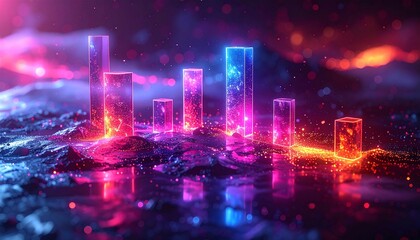 Obraz premium Neon Glowing Bars Chart on Abstract Landscape